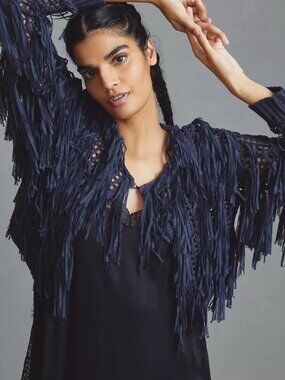 Maeve Anthropologie Fringe Kimono Crop Cardigan Sweater One Size Boho Sheer Blue